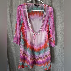 Charlie Paige Beaded Scoop Neck Colorful Sheer Swim Cover Up Mini Dress Size S/M